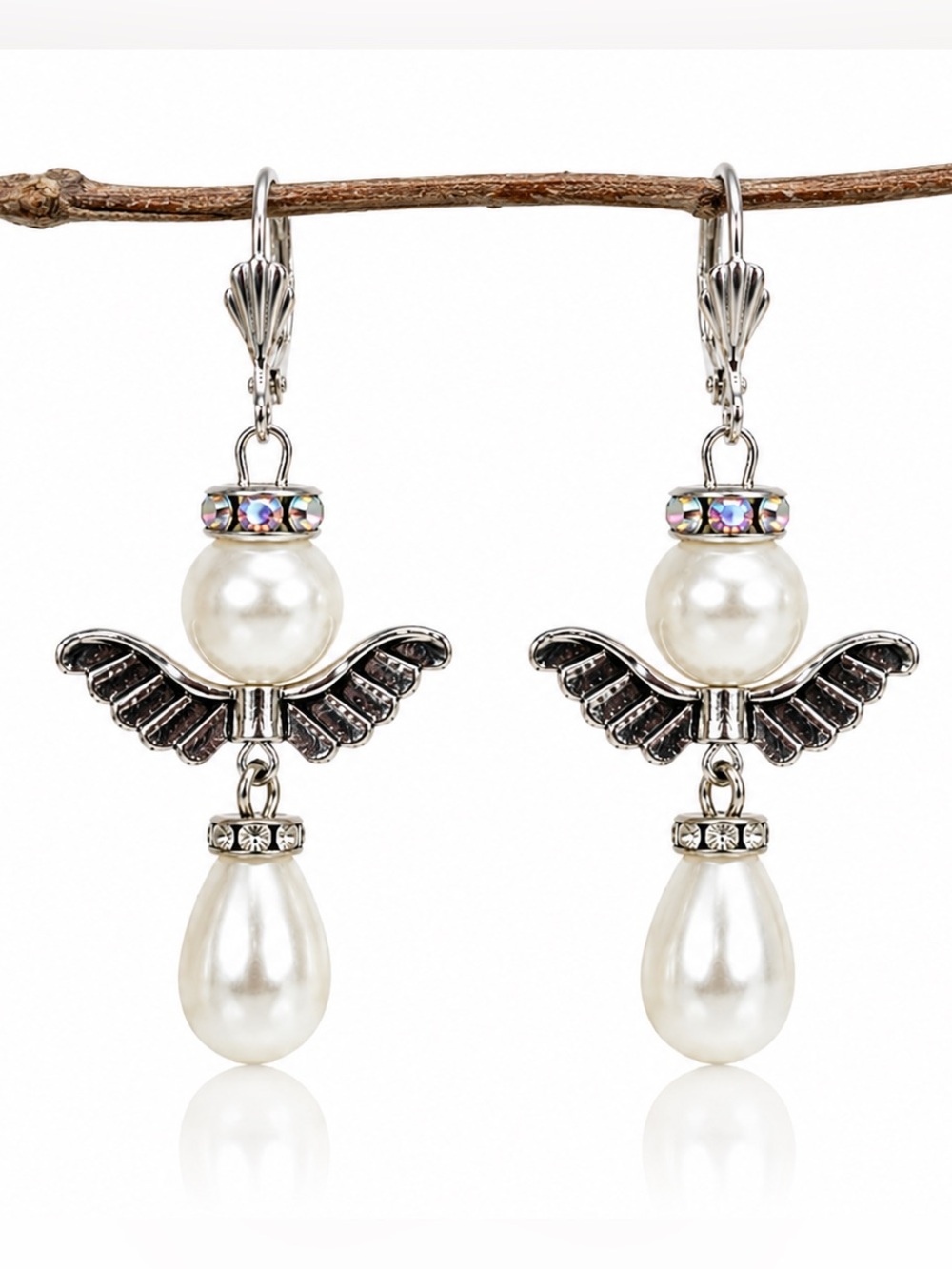 Cream Pearl Angel Earrings Iridescent Halo Dangles Celestial Romantic Jewelry